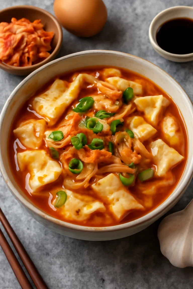 Kimchis Sujebi, friss tésztával és fűszeres kimchi szószban