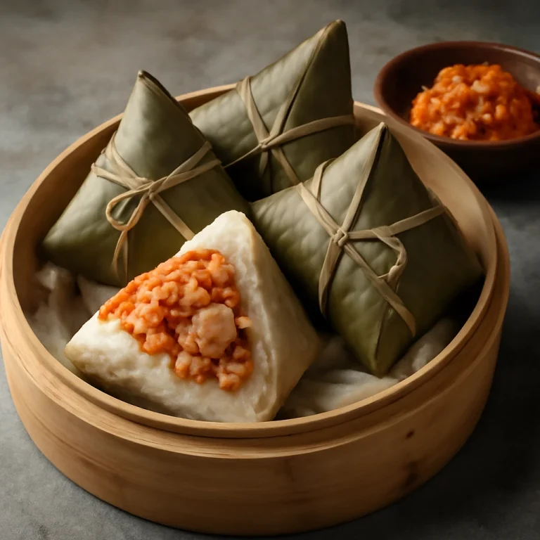 Kimchivel készült zongzi gőzölve tálalva