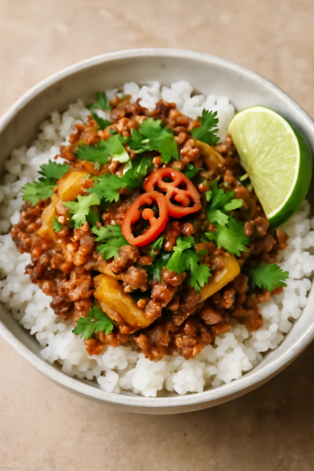 Fűszeres kimchi, hús és rizs kombinációja, friss korianderrel és chili szeletekkel tálalva