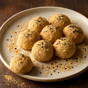 Friss kinako dango pörkölt szójaliszttel és szezámmaggal