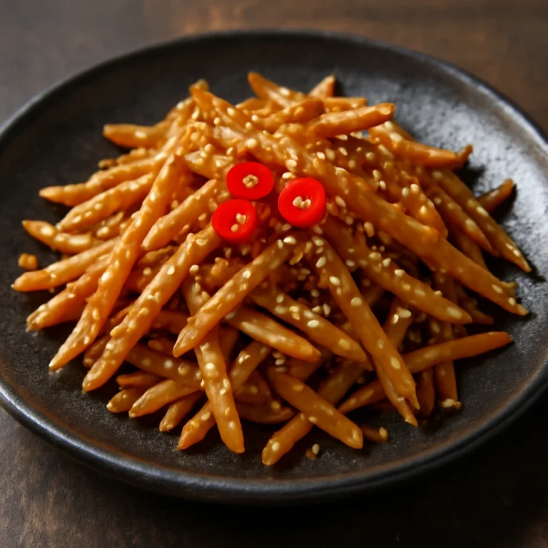 Kinpira Gobo, pirított gobo gyökeret szójaszószban, szezámmaggal és chilivel tálalva