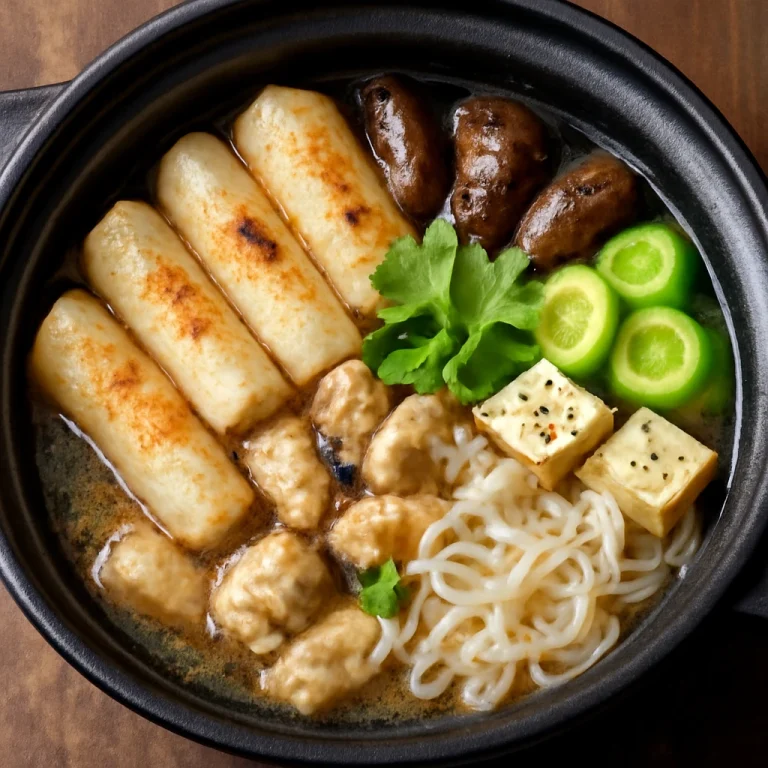 Kiritanpo Nabe Shirataki tésztával, gazdag japán leves zöldségekkel és tésztával