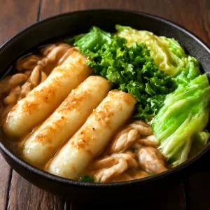 Japán kiritanpo nabe, gazdag csirkehússal és kelkáposztával