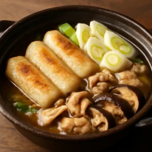 Japán kiritanpo leves póréhagymával, csirkehússal és gombával
