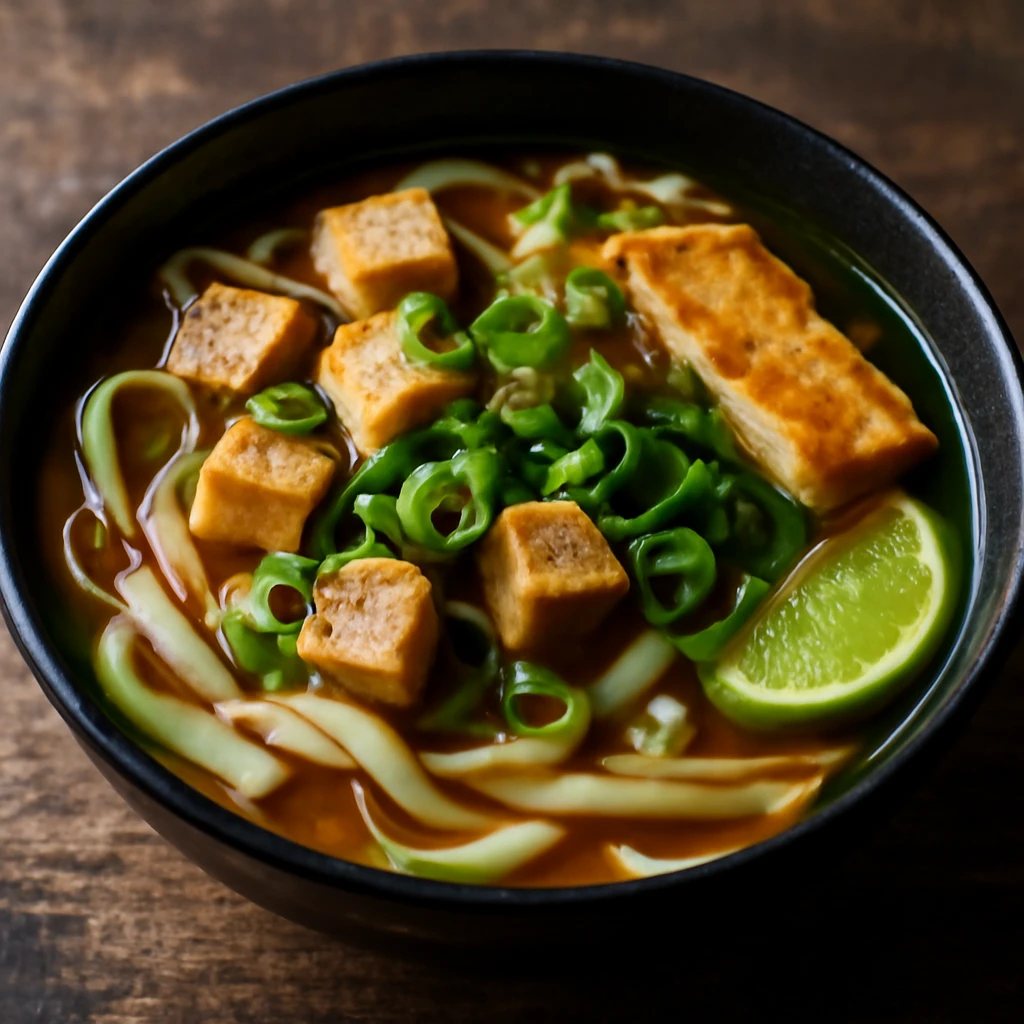 Japán lapos udon tofuval és szójaszósszal