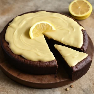 Finom kladdkaka friss citromos mázzal tálalva