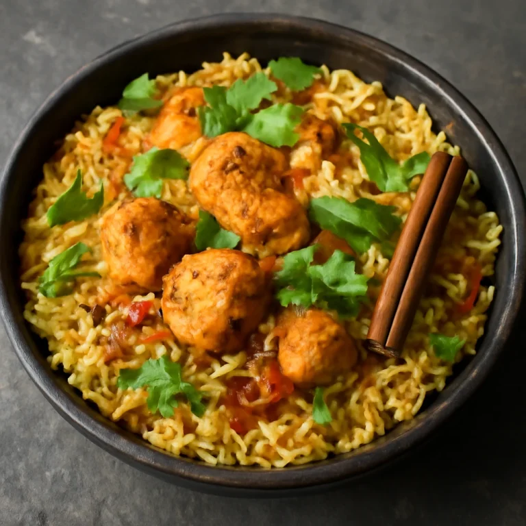 Klasszikus Biryani csirkehússal, friss korianderrel tálalva