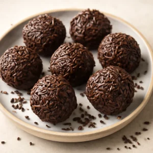 Finom brigadeiro golyók kakaóval szórva