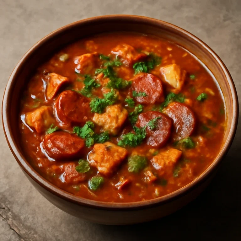 Klasszikus gumbo leves csirkével és kolbásszal, friss petrezselyemmel díszítve