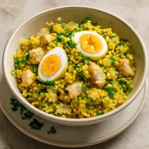 Finom Kedgeree, füstölt hallal és tojással