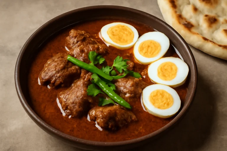 Klasszikus Nihari marhahús, fűszeres szószban tálalva főtt tojással és friss korianderrel