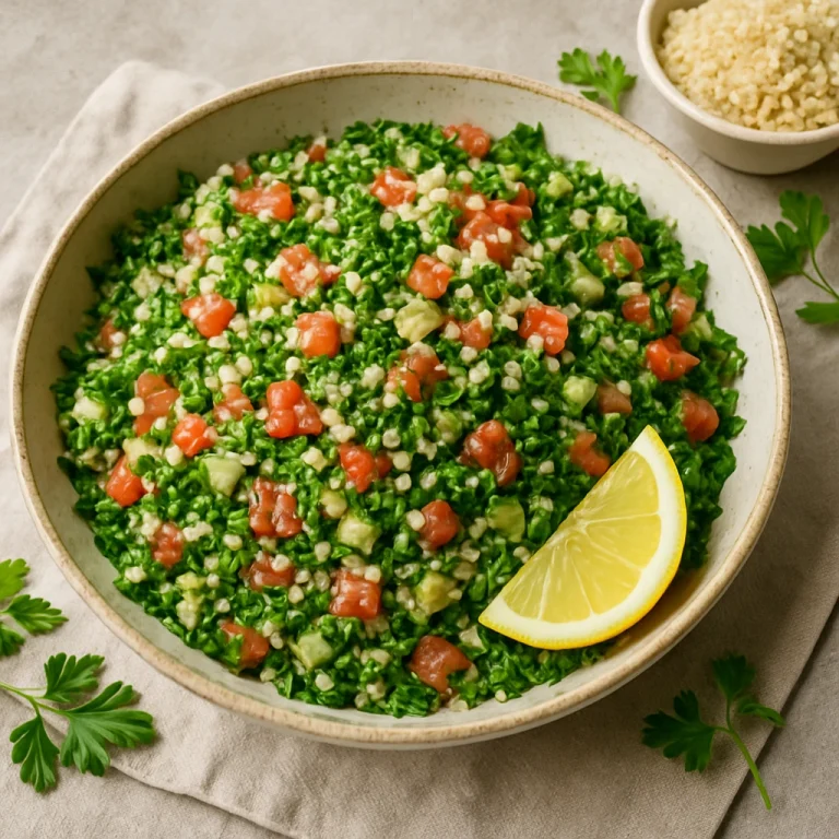 Tabbouleh saláta apróra vágott petrezselyemmel, paradicsommal, bulgurral és citrommal tálalva