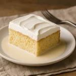Klasszikus tres leches szelet, tejjel átitatott piskóta fehér tányéron