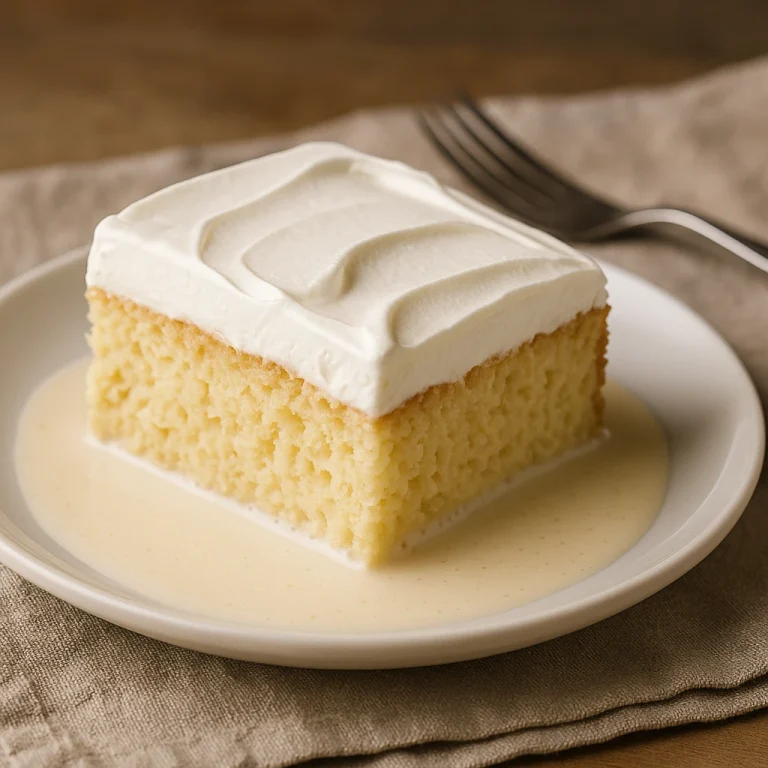 Klasszikus tres leches szelet, tejjel átitatott piskóta fehér tányéron