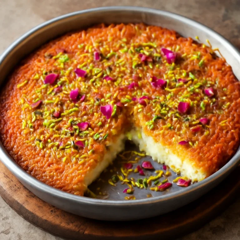 Knafeh Khishneh, túrós sajttal és rózsavizes sziruppal tálalva