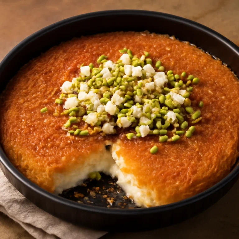 Knafeh Na'ameh, finomra őrölt tésztával, feta sajttal és pistáciával díszítve