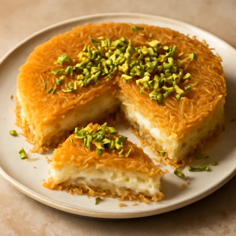 Knafeh pisztáciával, ropogós tészta és túrós töltelék, friss pisztáciával díszítve