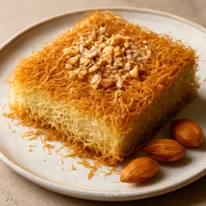 Vegán Knafeh rózsavízzel és mandulával tálalva