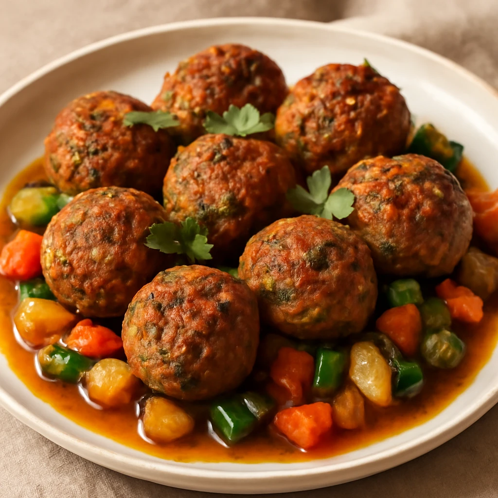 Friss, fűszeres kofta zöldségekkel, ropogósra sütve
