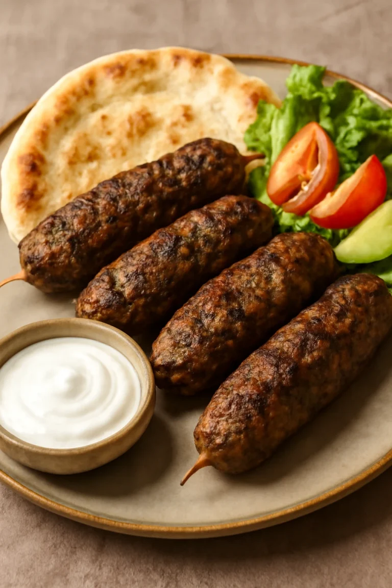 Kofta bárányhússal, friss pita kenyérrel és joghurttal tálalva