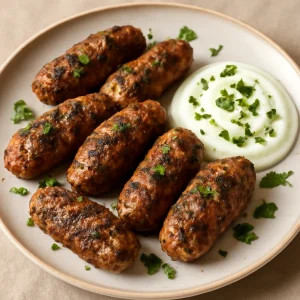 Fűszeres bárányhúsos kofta joghurttal és friss fűszerekkel tálalva