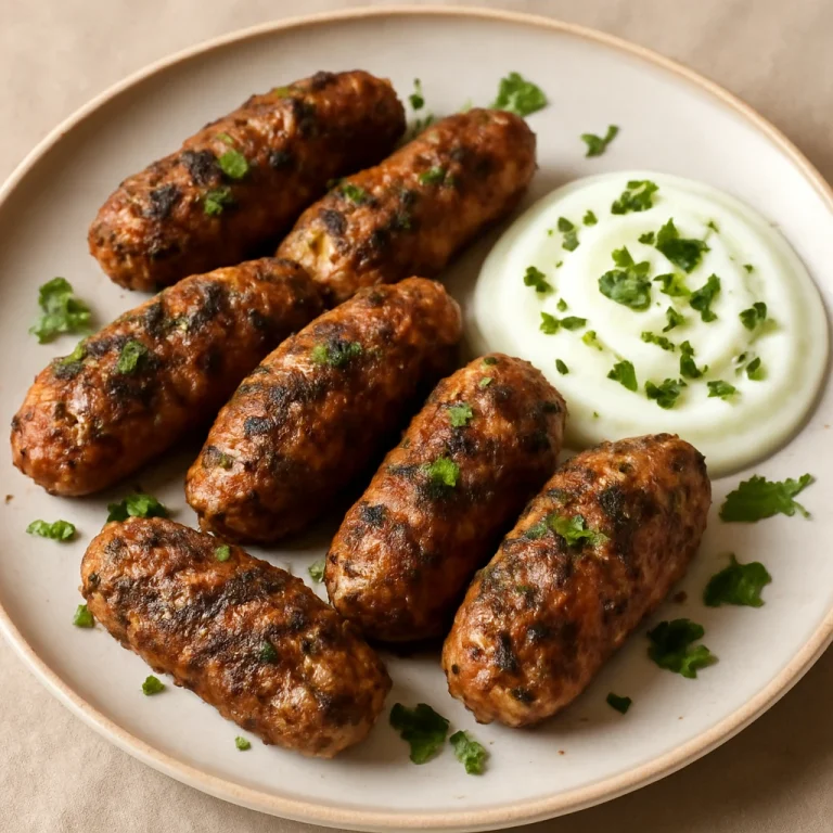 Kofta fűszeres bárányhússal tálalva friss joghurttal és petrezselyemmel