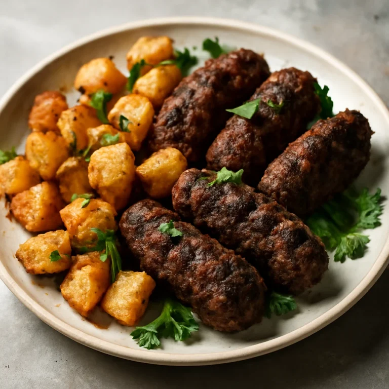 Kofta fűszeres burgonyával, grillezett marhahús golyókkal és petrezselyem díszítéssel