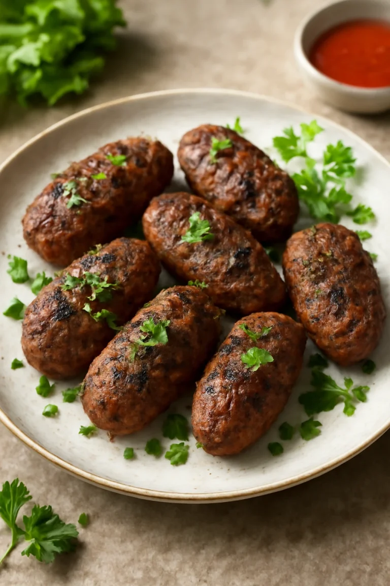 Kofta fűszeres fűszeres, grillezett marhahús golyókkal és petrezselyem díszítéssel