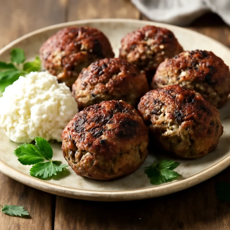 Kofta fűszeres túróval, grillezett marhahús golyókkal és petrezselyem díszítéssel
