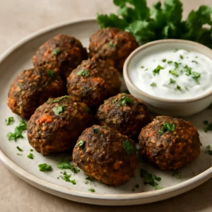 Fűszeres, zöldségekkel készült kofta joghurtos öntettel