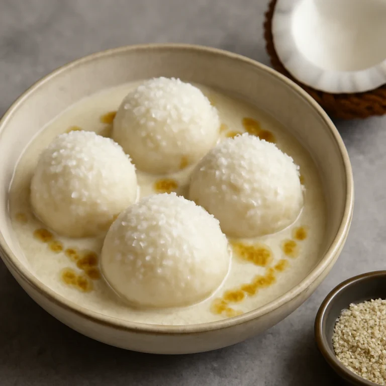 Kókuszos Tangyuan tálalva, friss kókuszreszelékkel és szezámmagolajjal