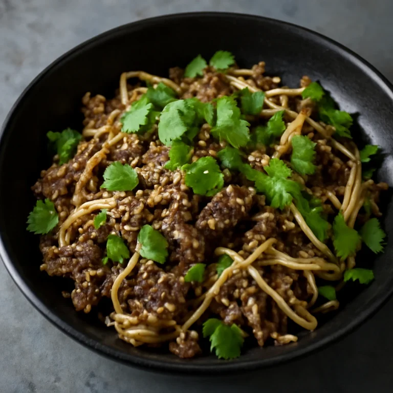Kongnamul-bulgogi étel friss korianderrel és szezámmaggal tálalva