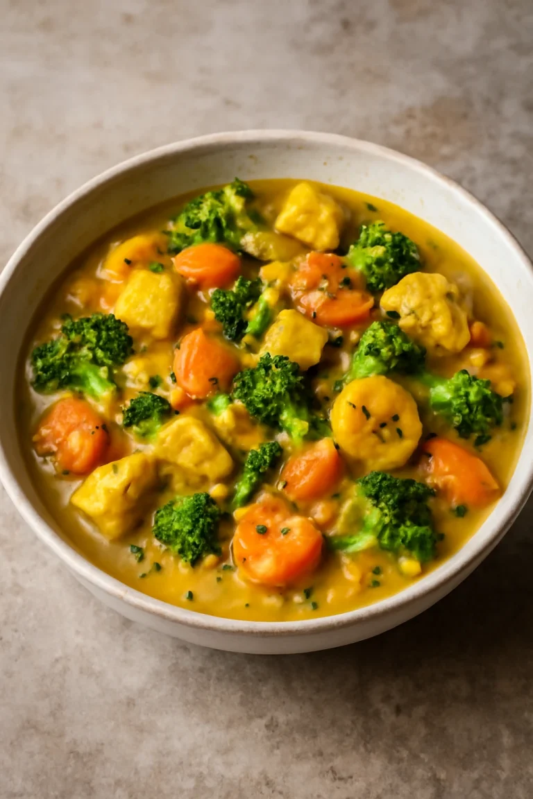 A bowl of Kootu curry with lentils, carrots, plantains, and broccoli in a golden coconut milk-based sauce.