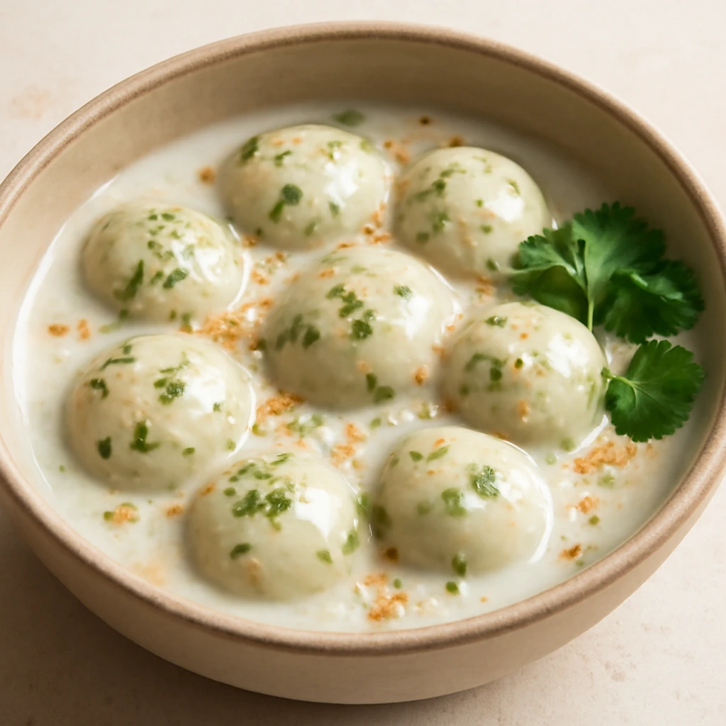 Friss korianderes Tangyuan, gazdag ízekkel és textúrákkal
