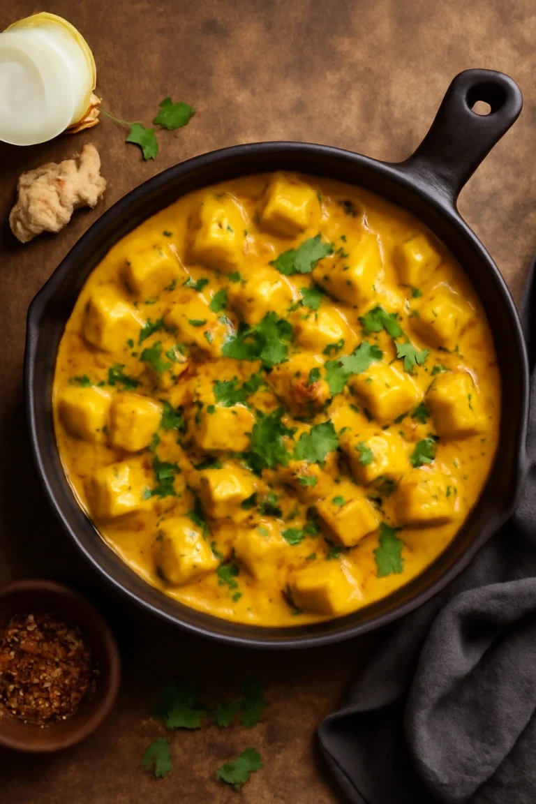 Korma burgonyával, friss korianderrel tálalva
