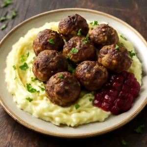Svéd köttbullar áfonyalekvárral tálalva