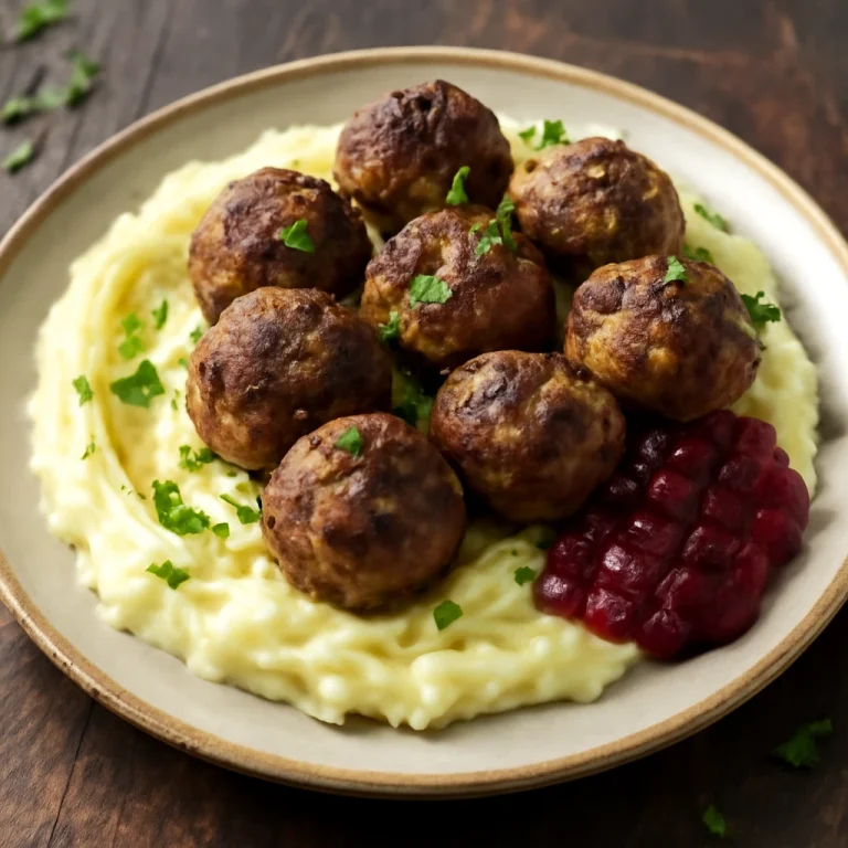 Köttbullar áfonyalekvárral tálalva, friss fűszerekkel díszítve