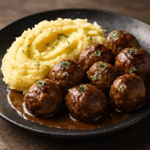 Svéd húsgombócok krémes burgonyapürével tálalva