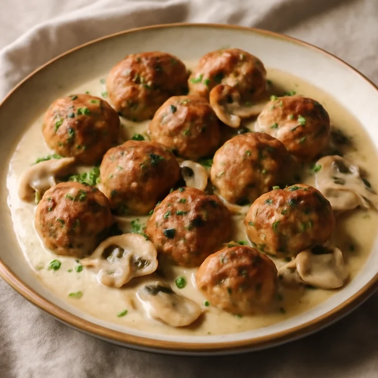 Köttbullar gombamártással, tejszínes mártásban, tálalva