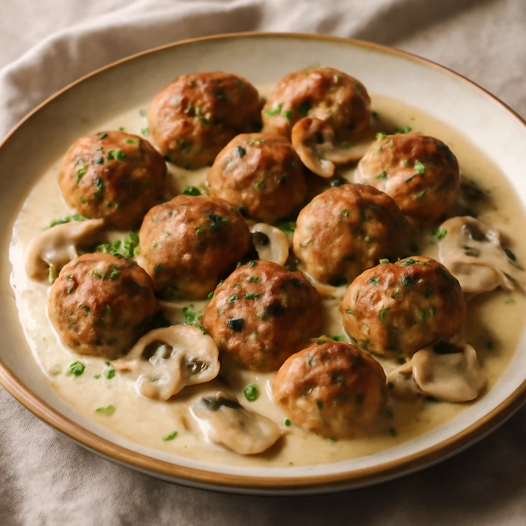 Svéd köttbullar, tejszínes gombamártással