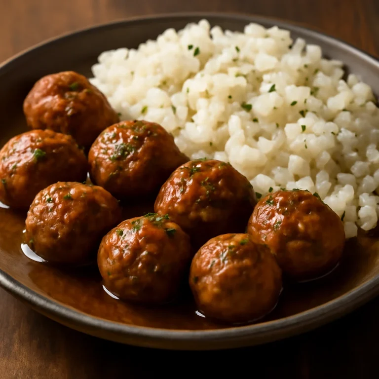 Köttbullar rizskörettel, egy tál friss húsgombóc rizs körettel, gazdag és ínycsiklandó