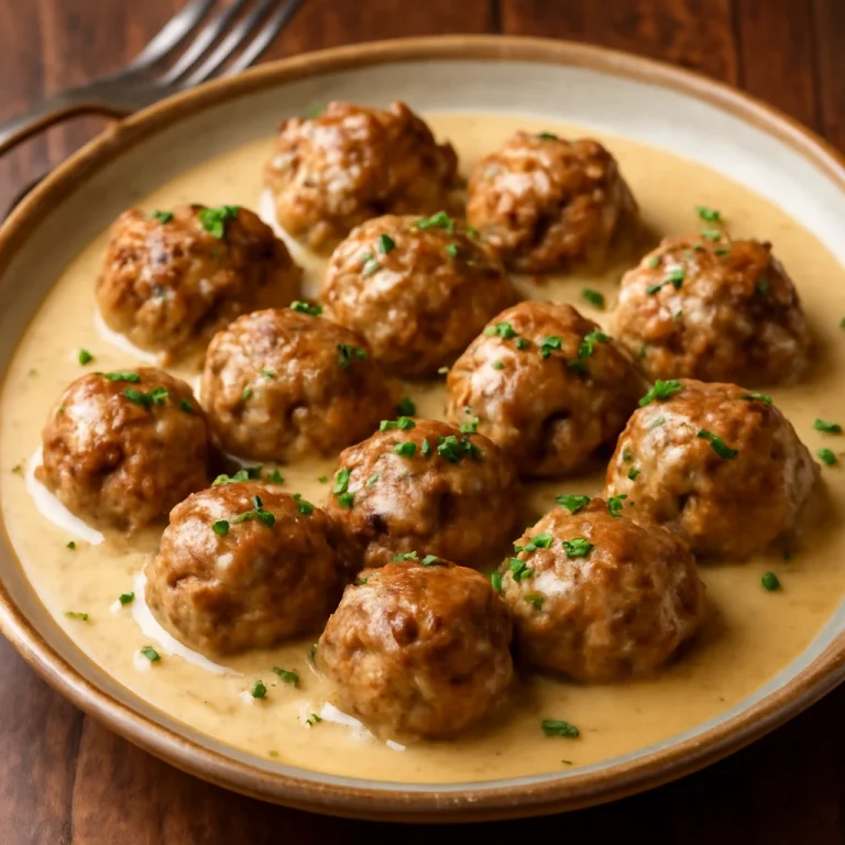 Köttbullar tejszínes mártással, tálalva friss petrezselyemmel
