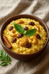Indiai sakkarai pongal, friss fűszernövényekkel díszítve