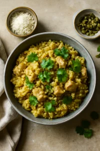 Ínycsiklandó Kozhi Pongal csirkehússal és kókuszreszelékkel