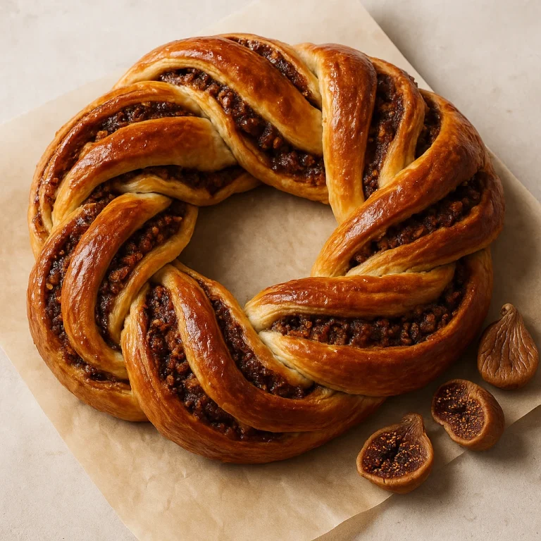 Kringle fügés töltelékkel aranybarnára sütve, fonott formában tálalva