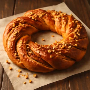 Friss, karamellás kringle, földimogyoróval díszítve