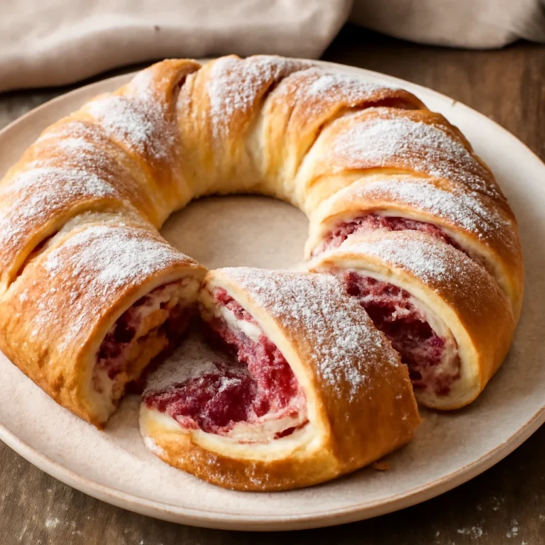 Kringle málnás töltelékkel tálalva, cukorral megszórva