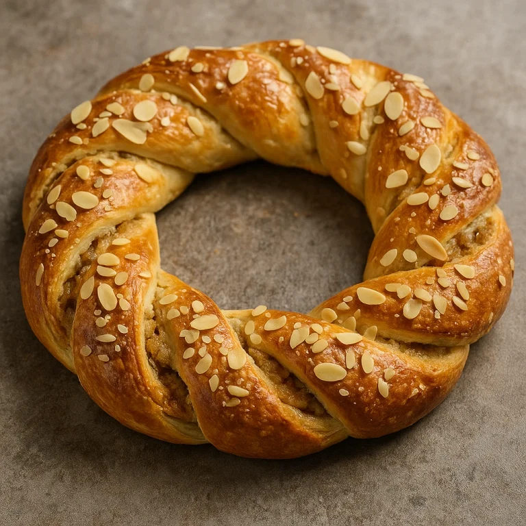Kringle marcipános töltelékkel fonott koszorú formában, aranybarnára sütve