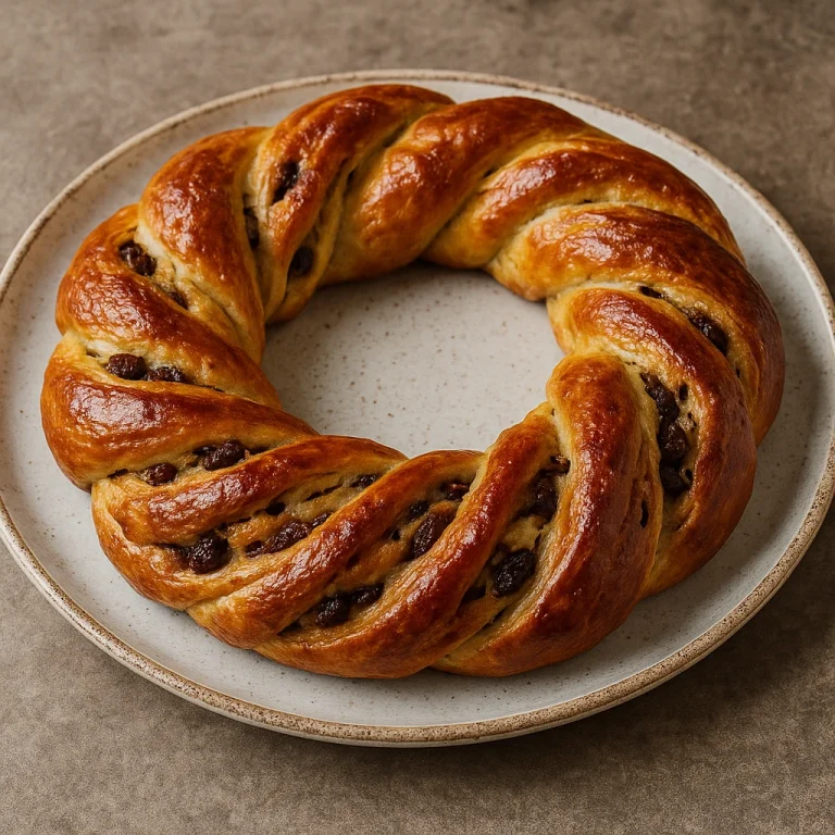 Kringle mazsolás töltelékkel aranybarnára sütve, fonott koszorú formában tálalva