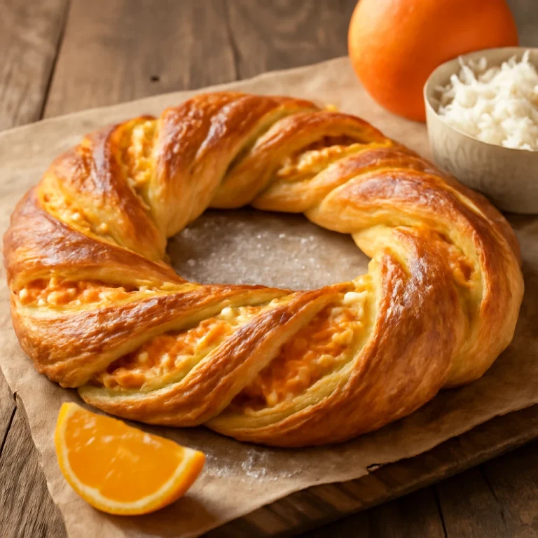 Kringle narancsos töltelékkel, leveles tészta, narancsos töltelék és friss sütemények.